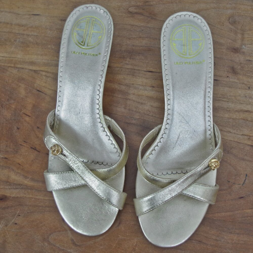 Lilly Pulitzer Via Palm Beach Gold Leather Sandal Heels Size 7M - Picture 8 of 10